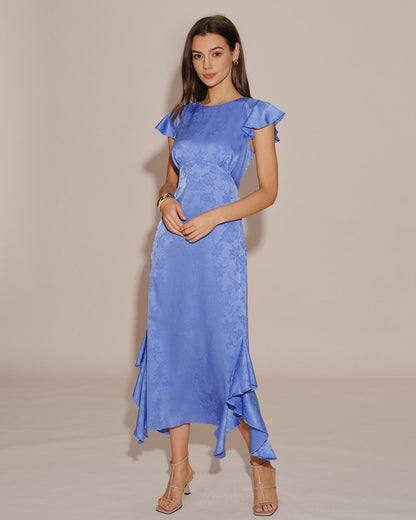 Blue Boat Neck Jacquard Ruffle Midi Dress