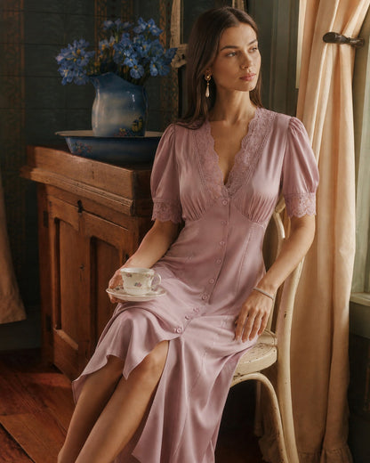 Pink Lace Splicing Satin Midi Dress