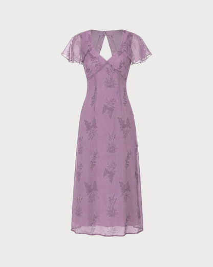 Purple V Neck Butterfly Sleeve Floral Midi Dress