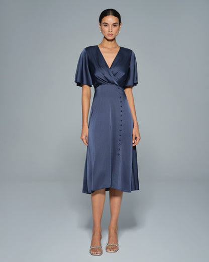 Navy V Neck Satin Midi Dress