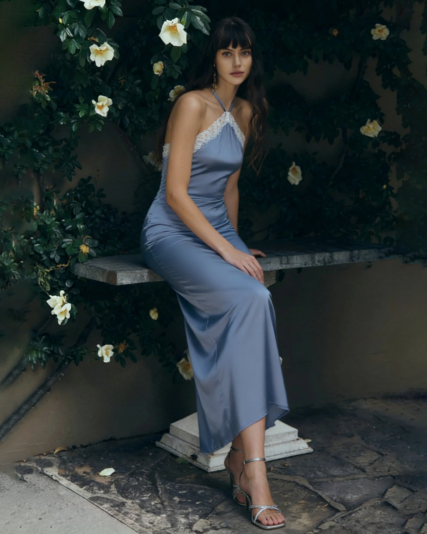 Blue Halter Lace Slip Midi Dress