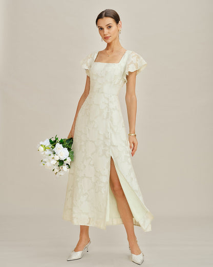 Beige Square Neck Jacquard Midi Dress