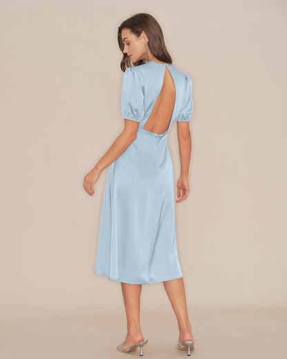 Blue Puffed Sleeve Backless Satin Midi Dress