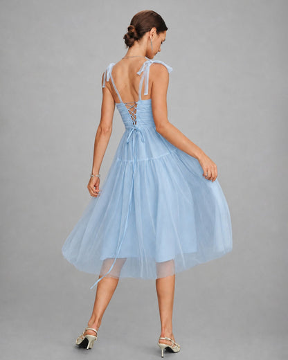 Blue Square Neck Mesh Slip Midi Dress