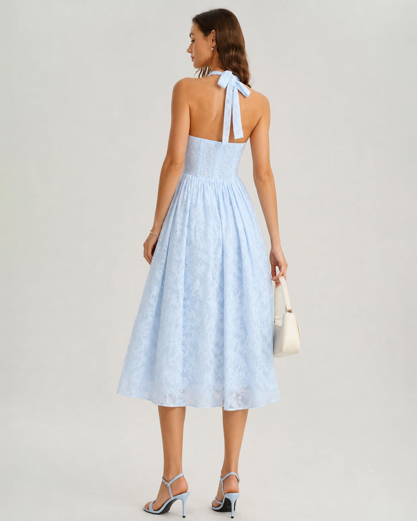 Blue Halter Tie Jacquard Midi Dress