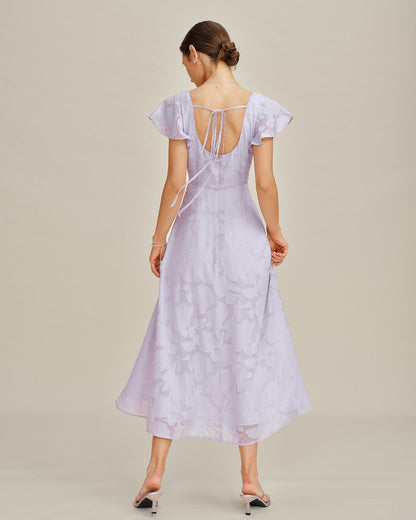 Purple Square Neck Jacquard Midi Dress