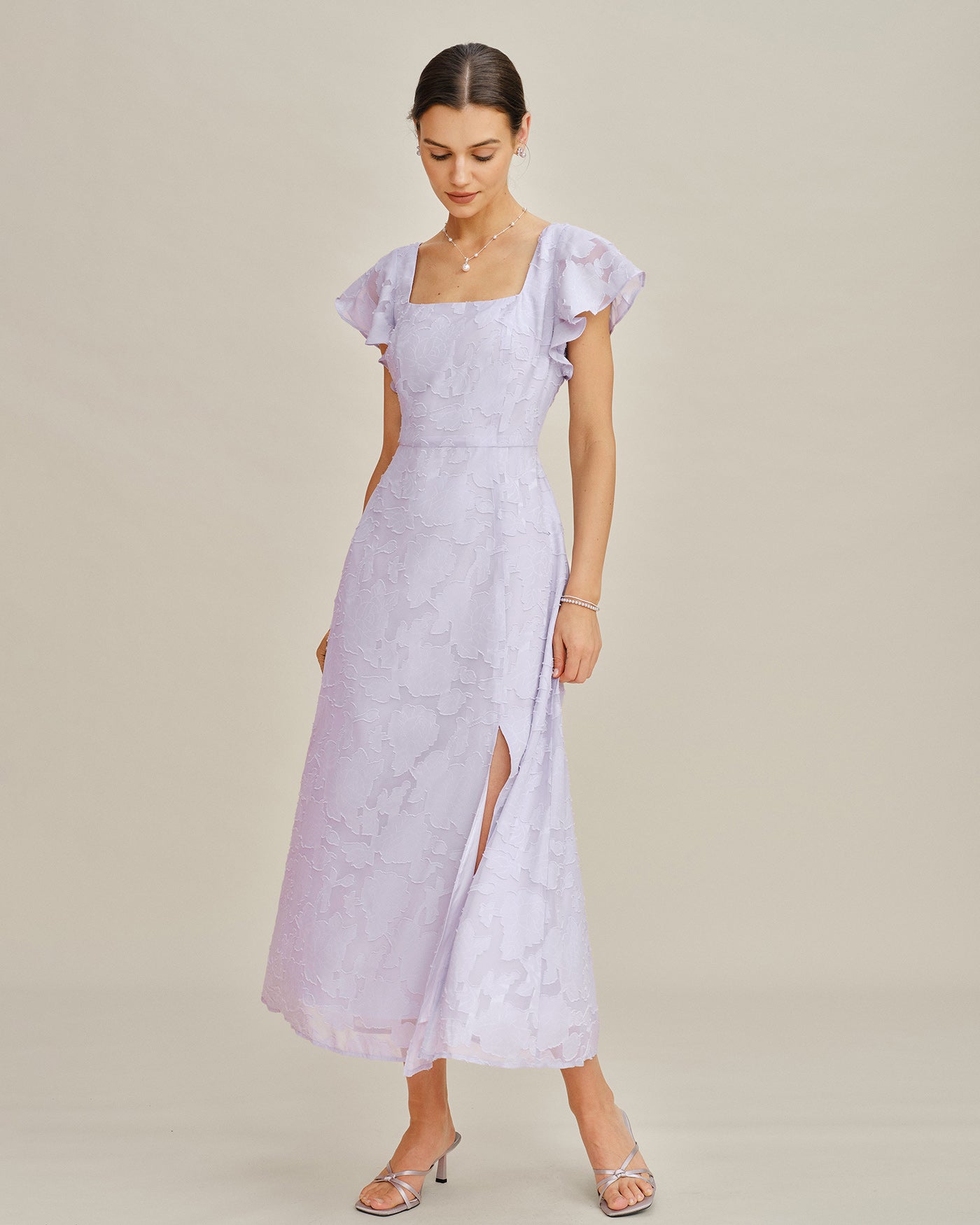Purple Square Neck Jacquard Midi Dress