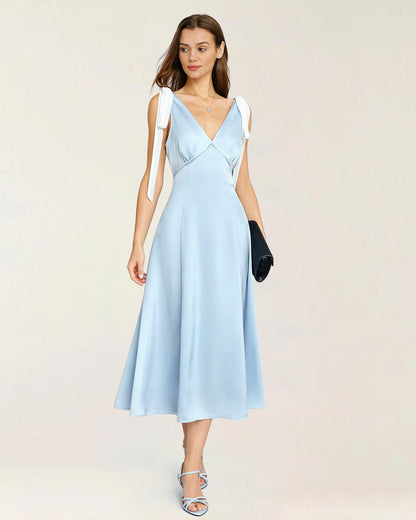 Blue V Neck Cut Out Satin Midi Dress