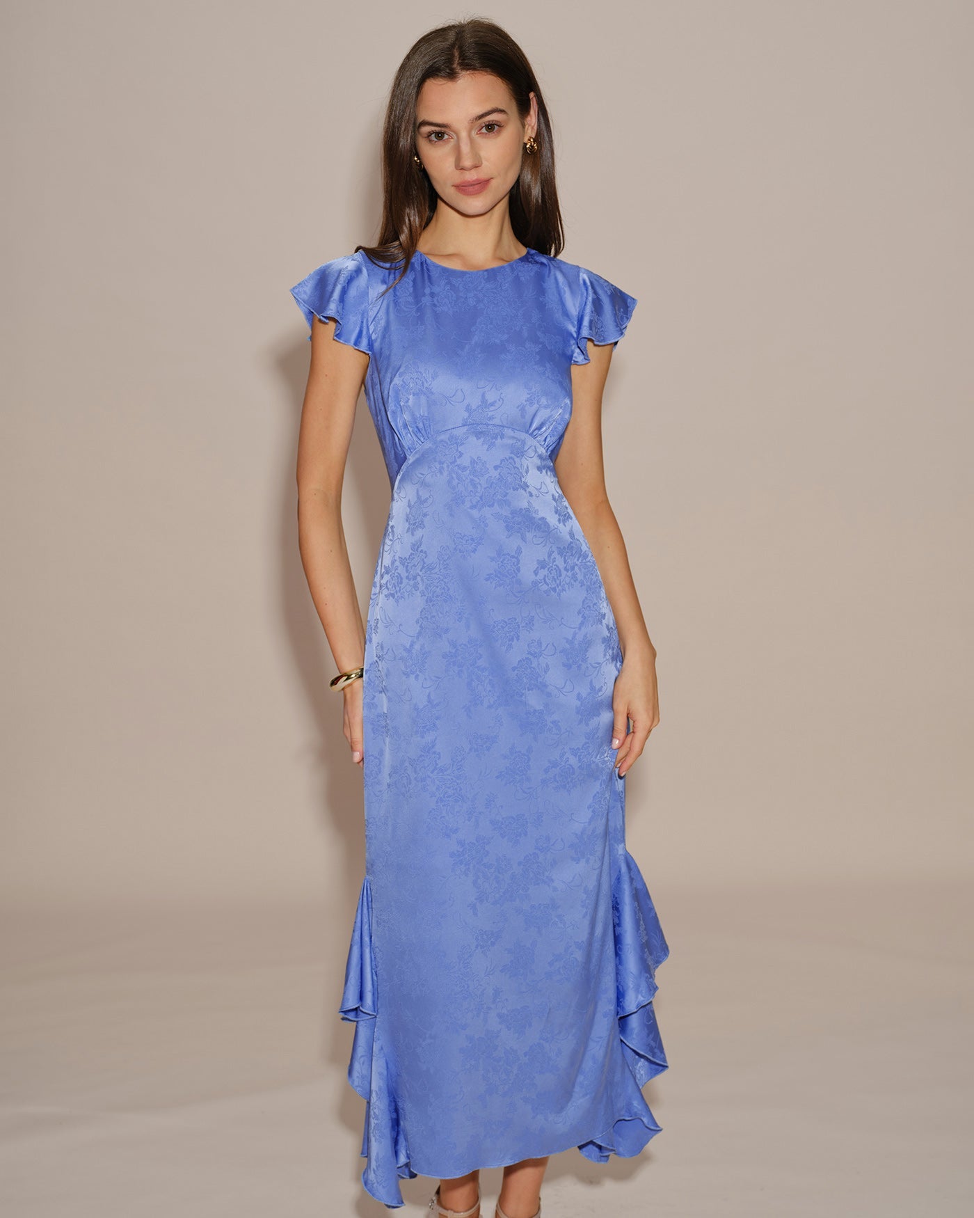 Blue Boat Neck Jacquard Ruffle Midi Dress