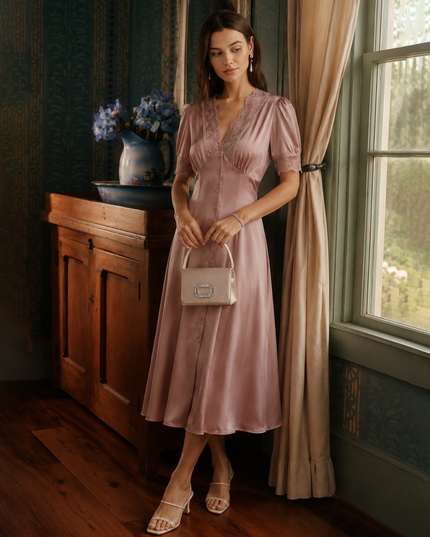 Pink Lace Splicing Satin Midi Dress