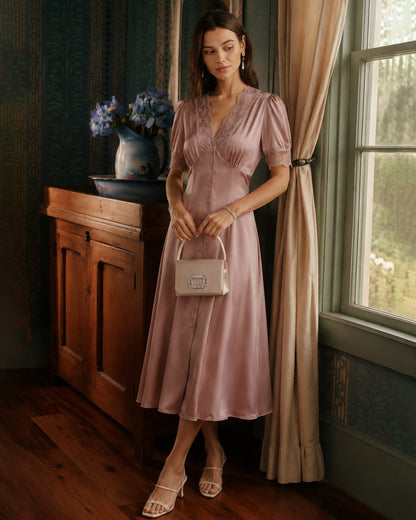 Pink Lace Splicing Satin Midi Dress