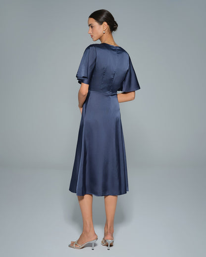 Navy V Neck Satin Midi Dress