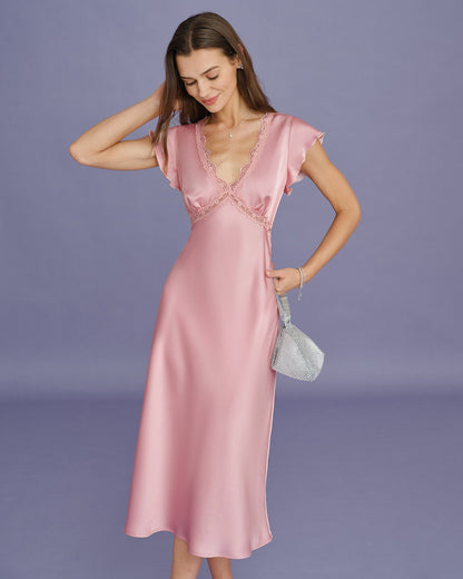 Pink V Neck Lace Satin Midi Dress