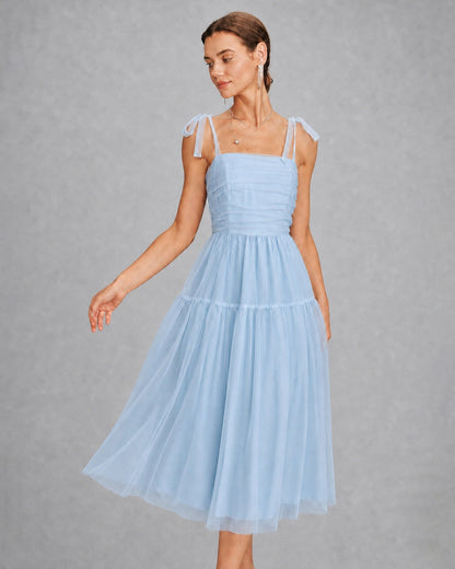 Blue Square Neck Mesh Slip Midi Dress