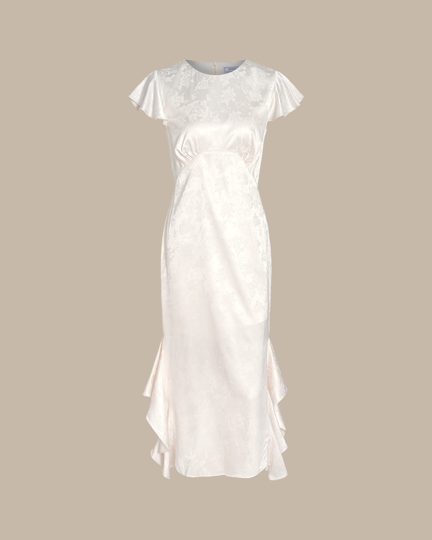 Beige Boat Neck Jacquard Ruffle Midi Dress
