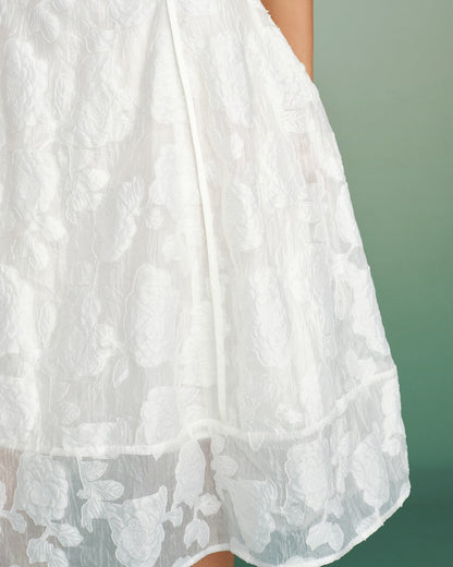 White Square Neck Jacquard Slip Midi Dress