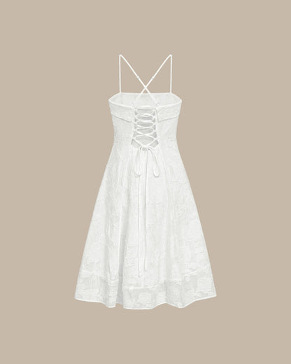 White Square Neck Jacquard Slip Midi Dress