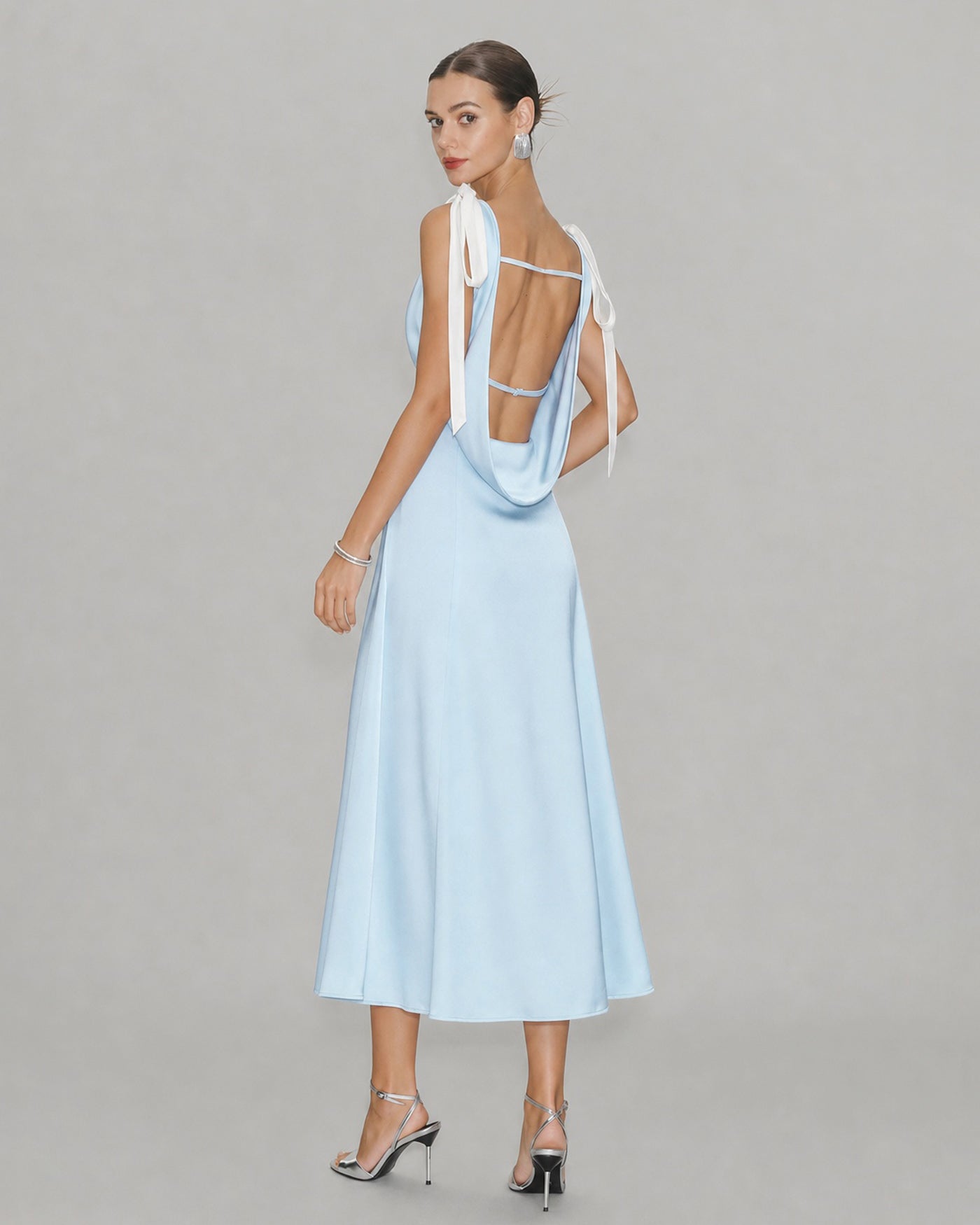 Blue V Neck Cut Out Satin Midi Dress