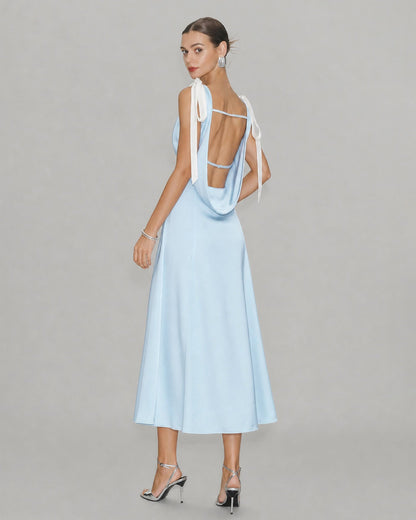 Blue V Neck Cut Out Satin Midi Dress