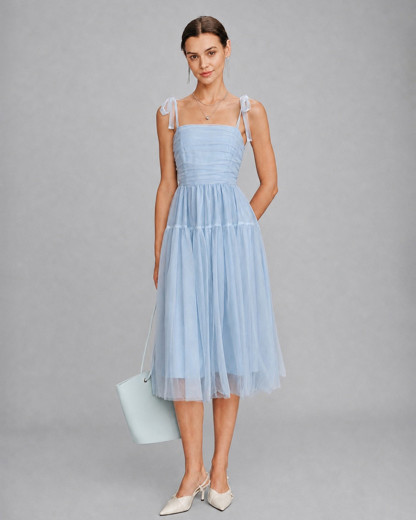 Blue Square Neck Mesh Slip Midi Dress
