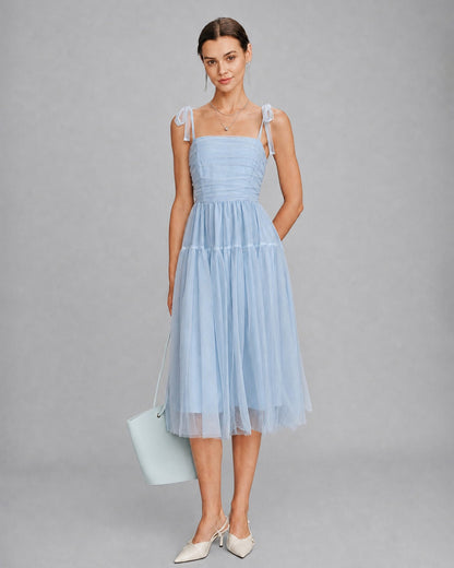 Blue Square Neck Mesh Slip Midi Dress
