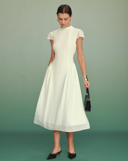 Apricot Mock Neck A-Line Midi Dress