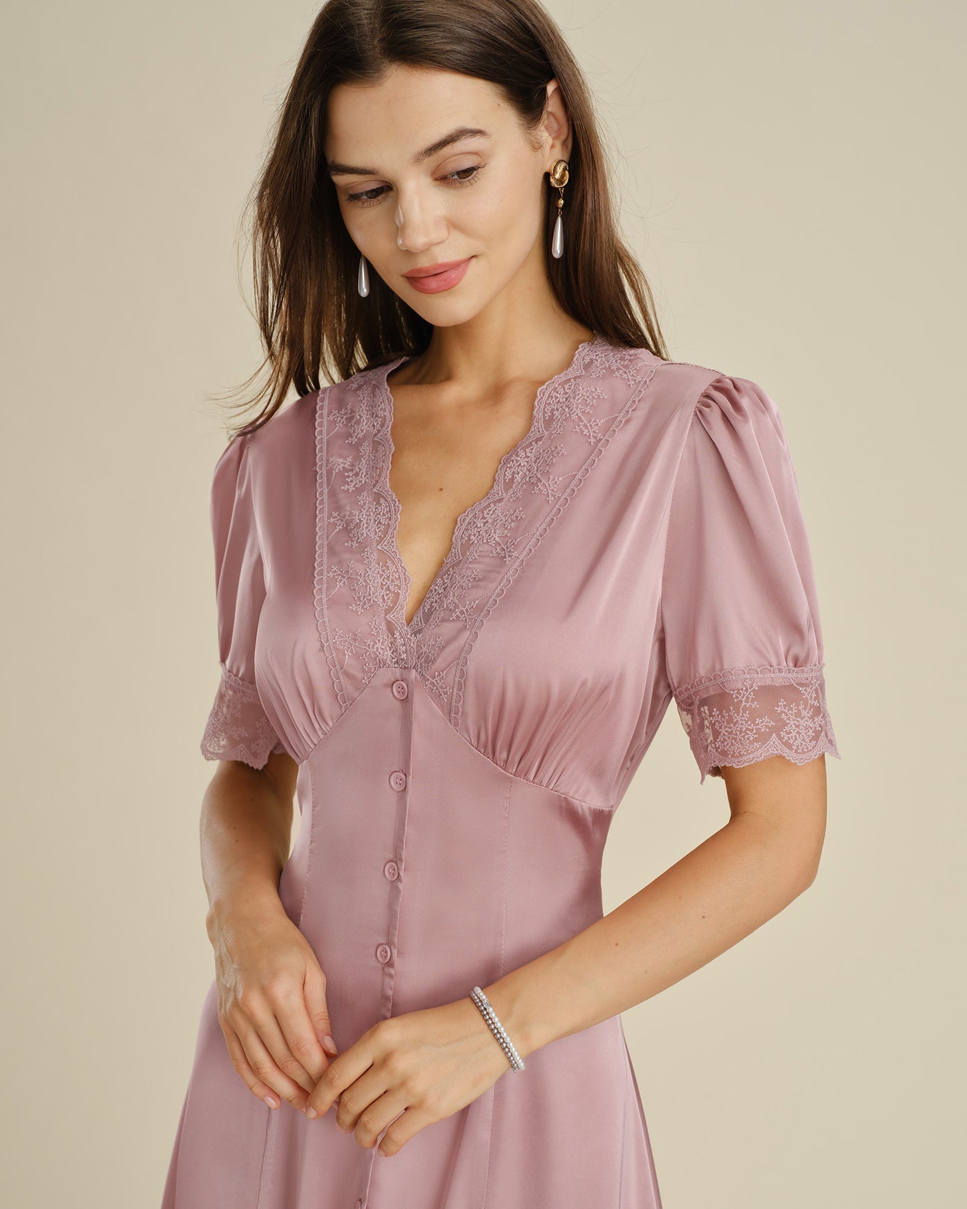 Pink Lace Splicing Satin Midi Dress