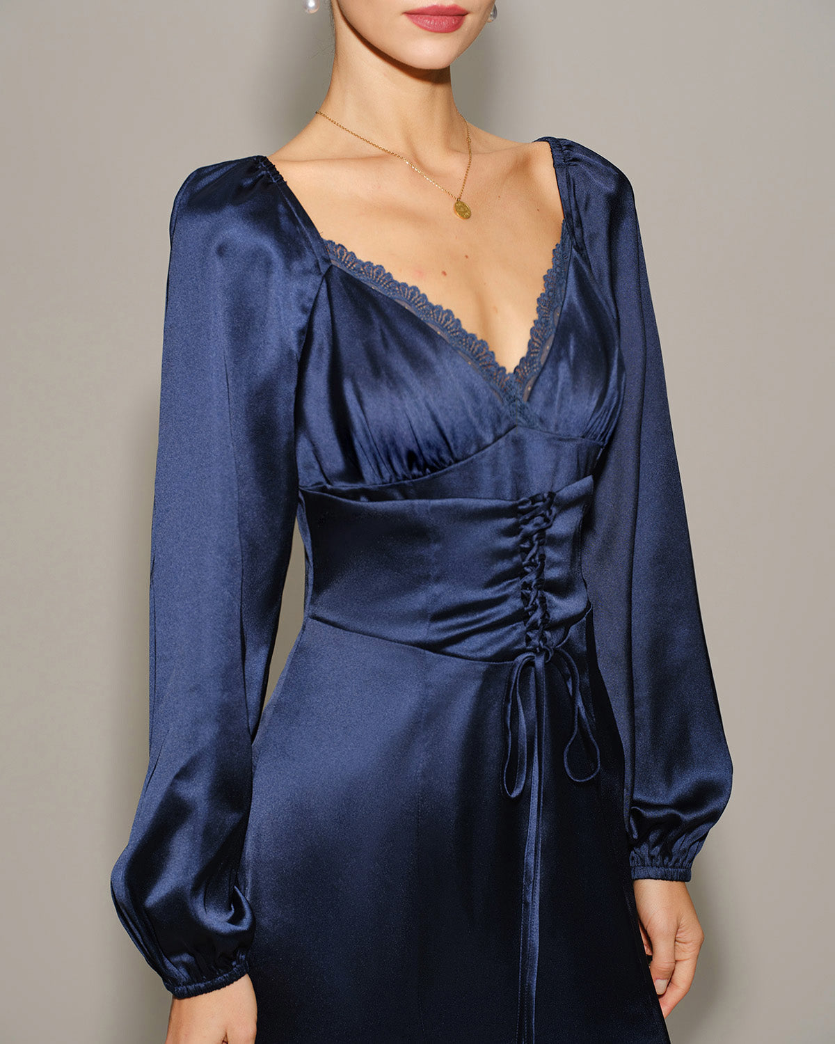 Navy Satin V Neck Ruched Midi Dress