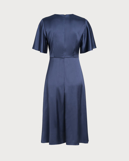 Navy V Neck Satin Midi Dress