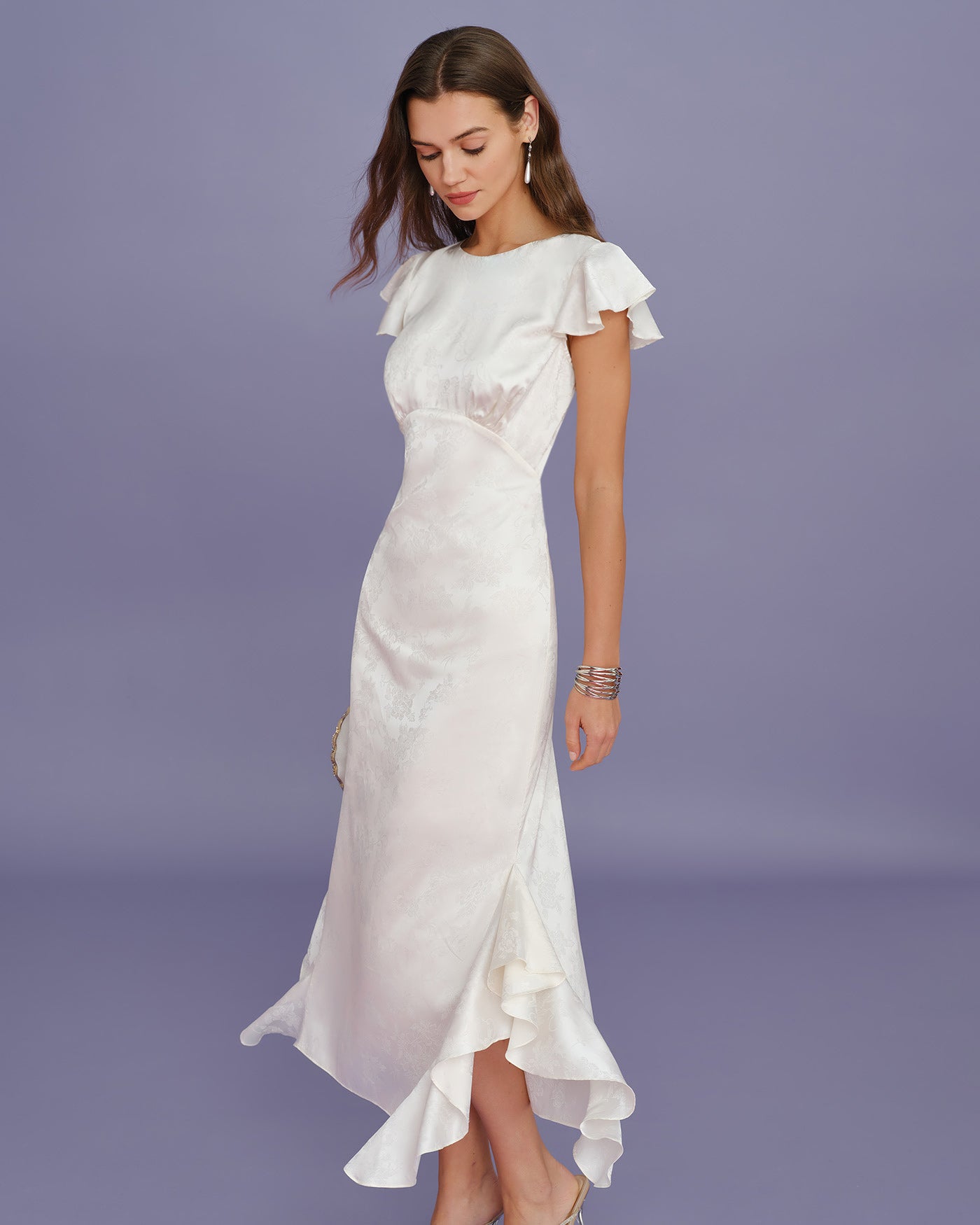 Beige Boat Neck Jacquard Ruffle Midi Dress