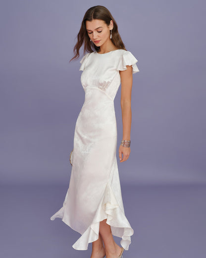 Beige Boat Neck Jacquard Ruffle Midi Dress