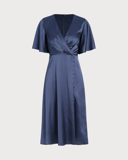 Navy V Neck Satin Midi Dress