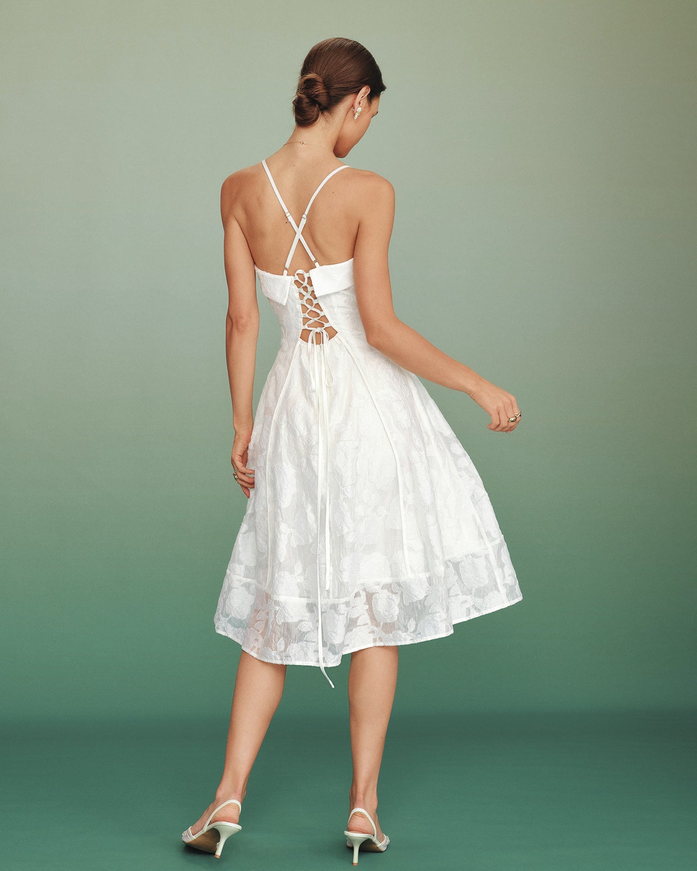 White Square Neck Jacquard Slip Midi Dress