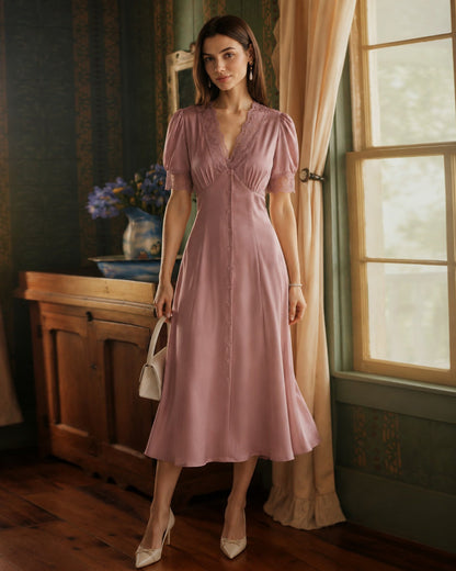 Pink Lace Splicing Satin Midi Dress