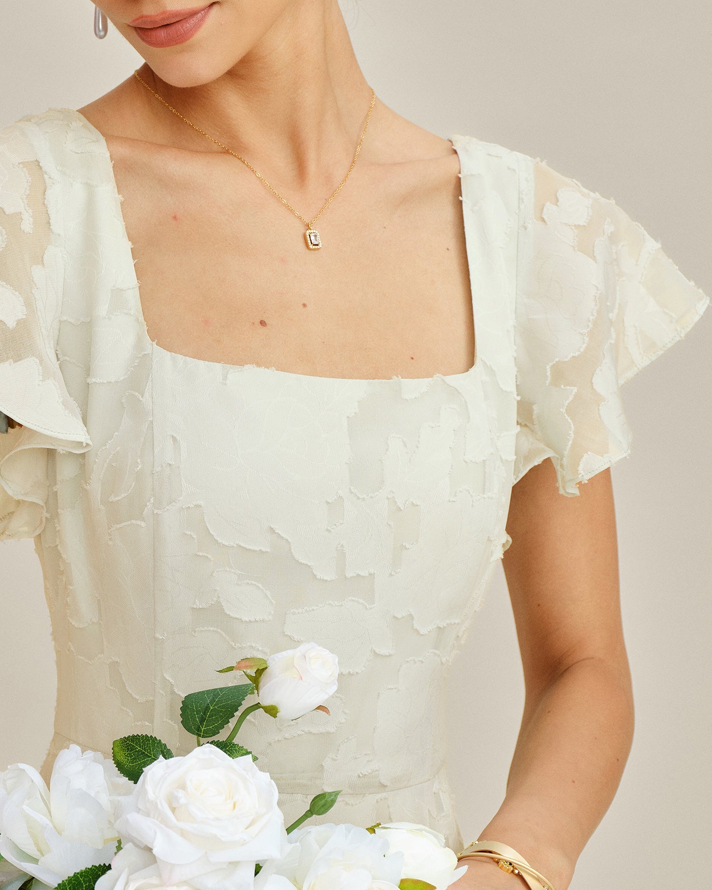 Beige Square Neck Jacquard Midi Dress