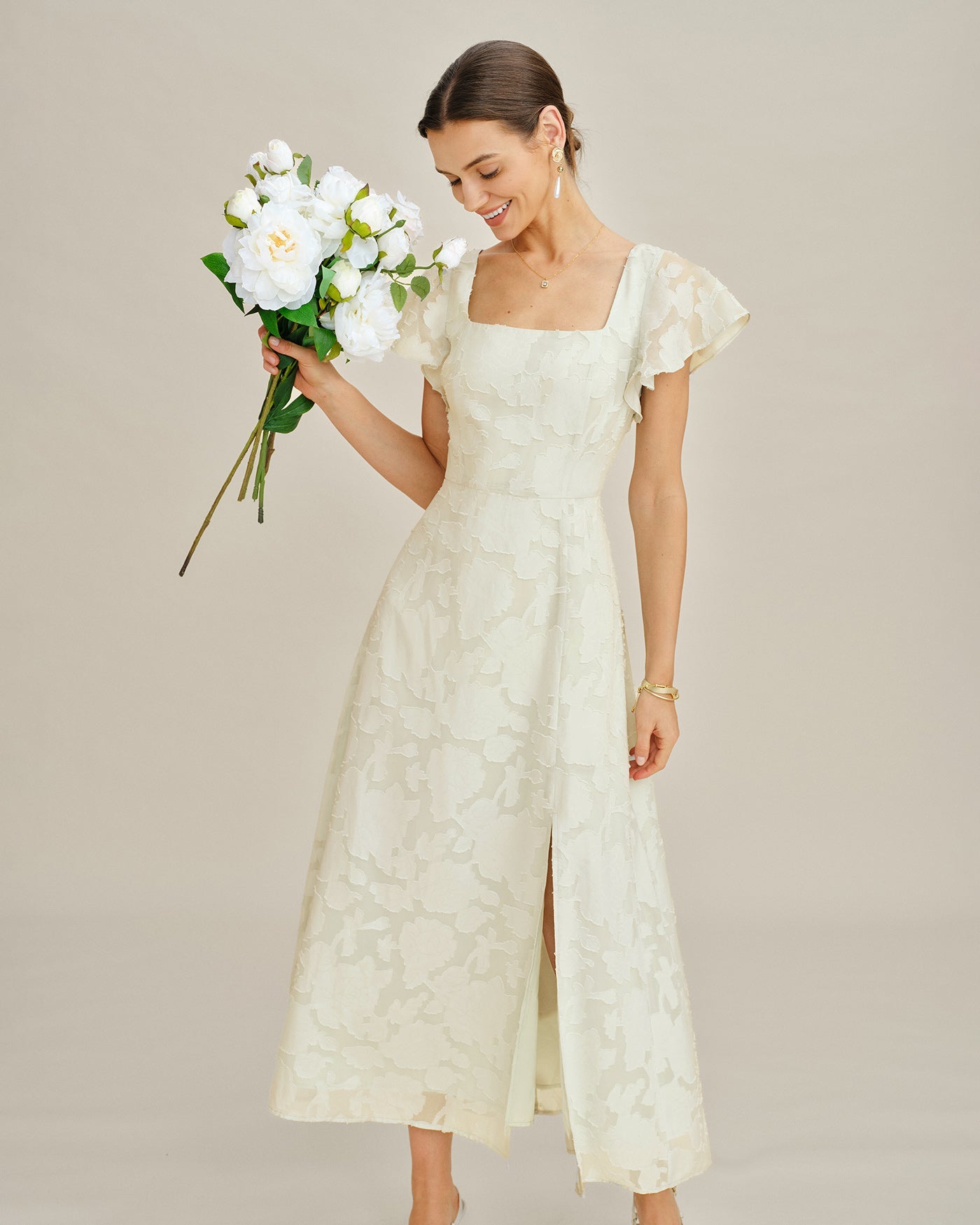 Beige Square Neck Jacquard Midi Dress