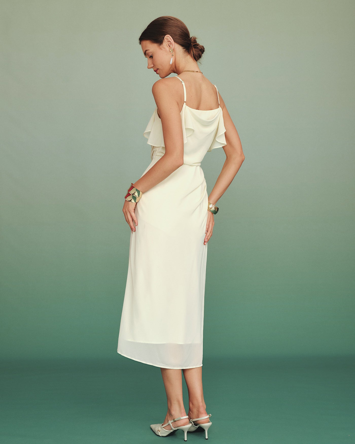 Apricot Ruffle Slip Chiffon Midi Dress