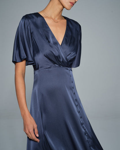 Navy V Neck Satin Midi Dress