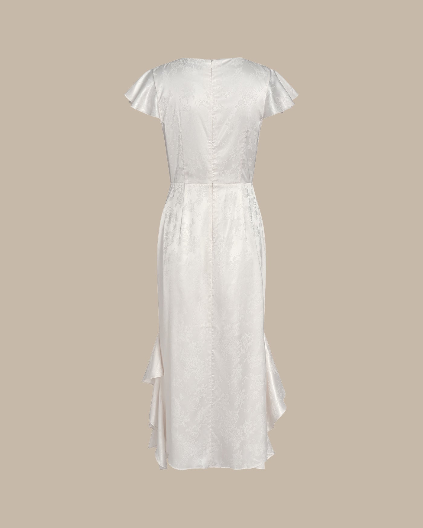 Beige Boat Neck Jacquard Ruffle Midi Dress