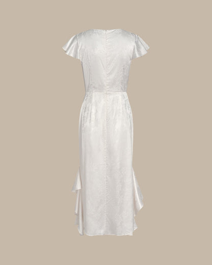 Beige Boat Neck Jacquard Ruffle Midi Dress
