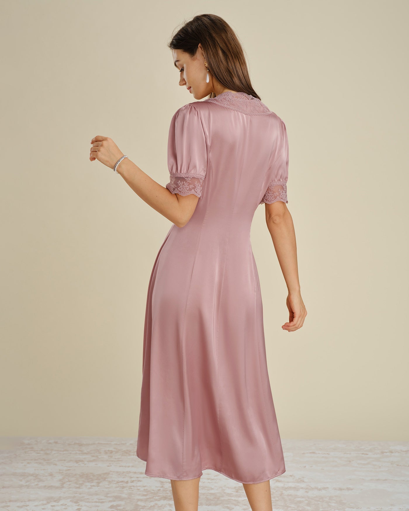 Pink Lace Splicing Satin Midi Dress