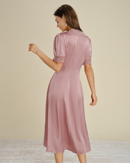 Pink Lace Splicing Satin Midi Dress
