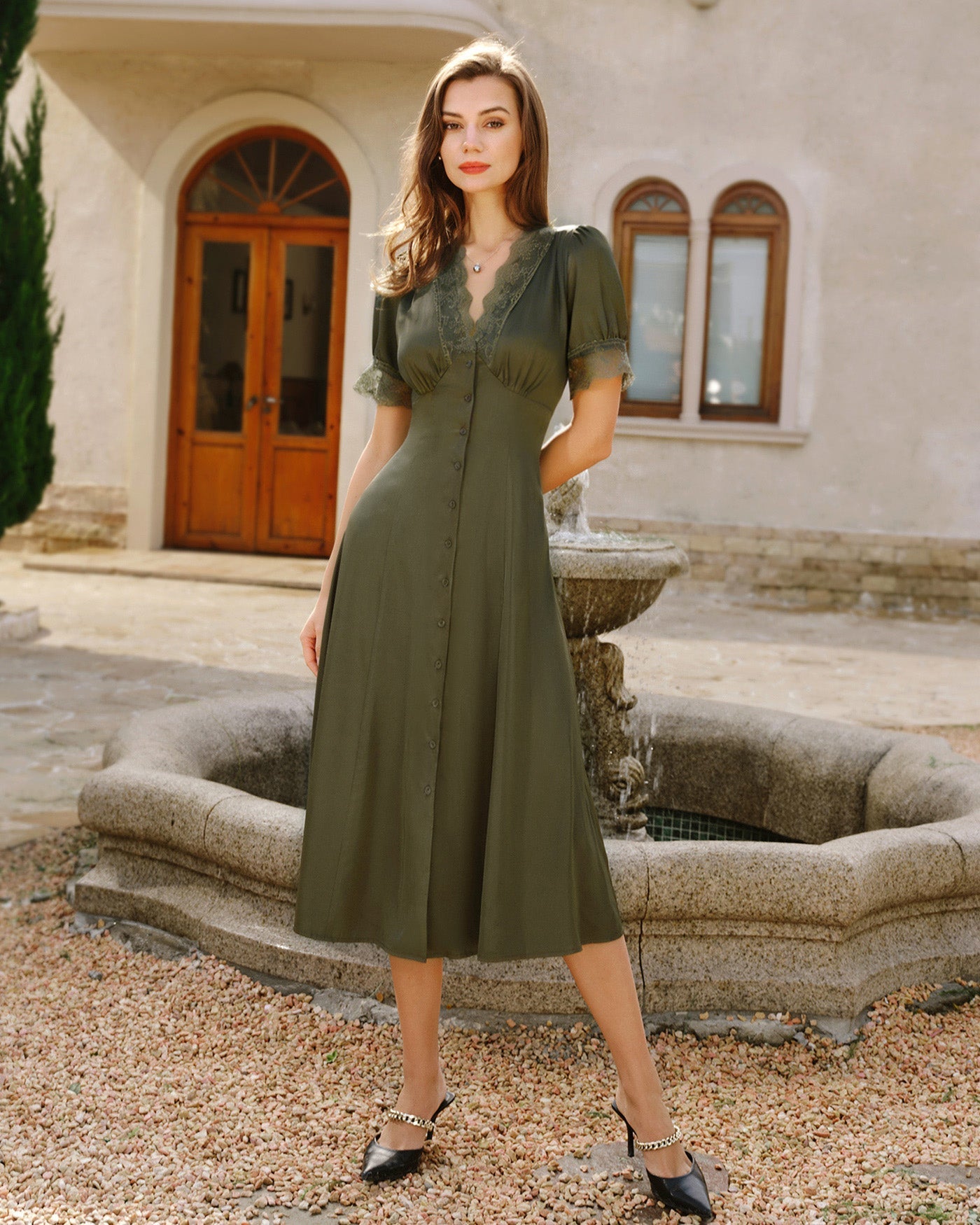Women's Woven Polyester Midi Dress Green Dresses - RIHOAS