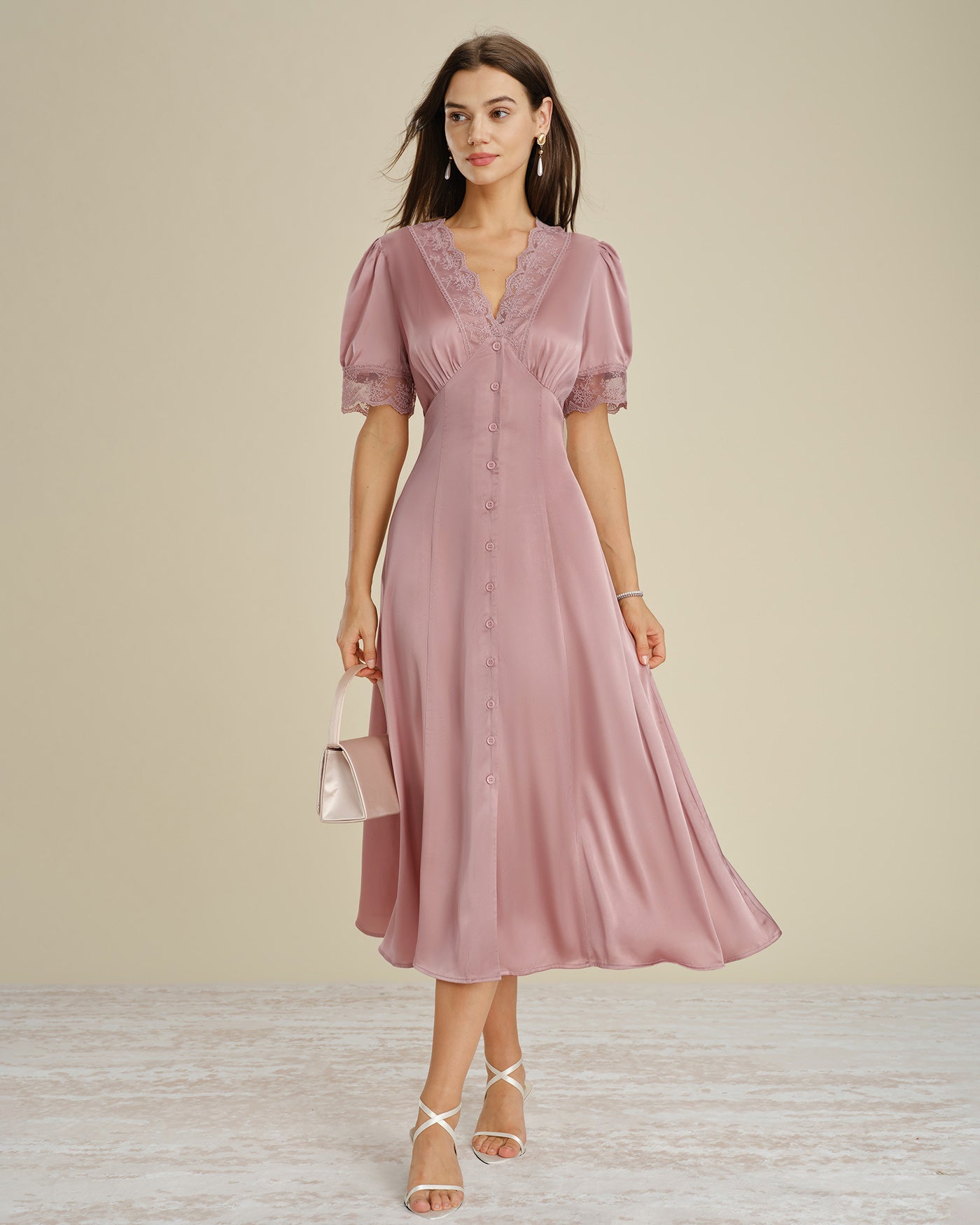 Pink Lace Splicing Satin Midi Dress
