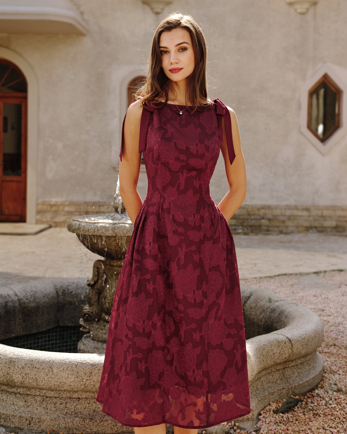 Women's Woven Polyester Midi Dress Red Dresses - RIHOAS
