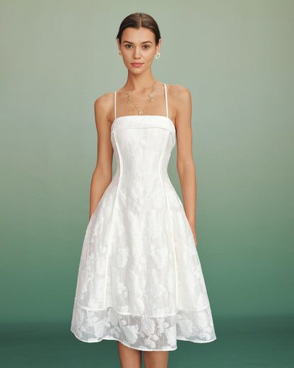 White Square Neck Jacquard Slip Midi Dress