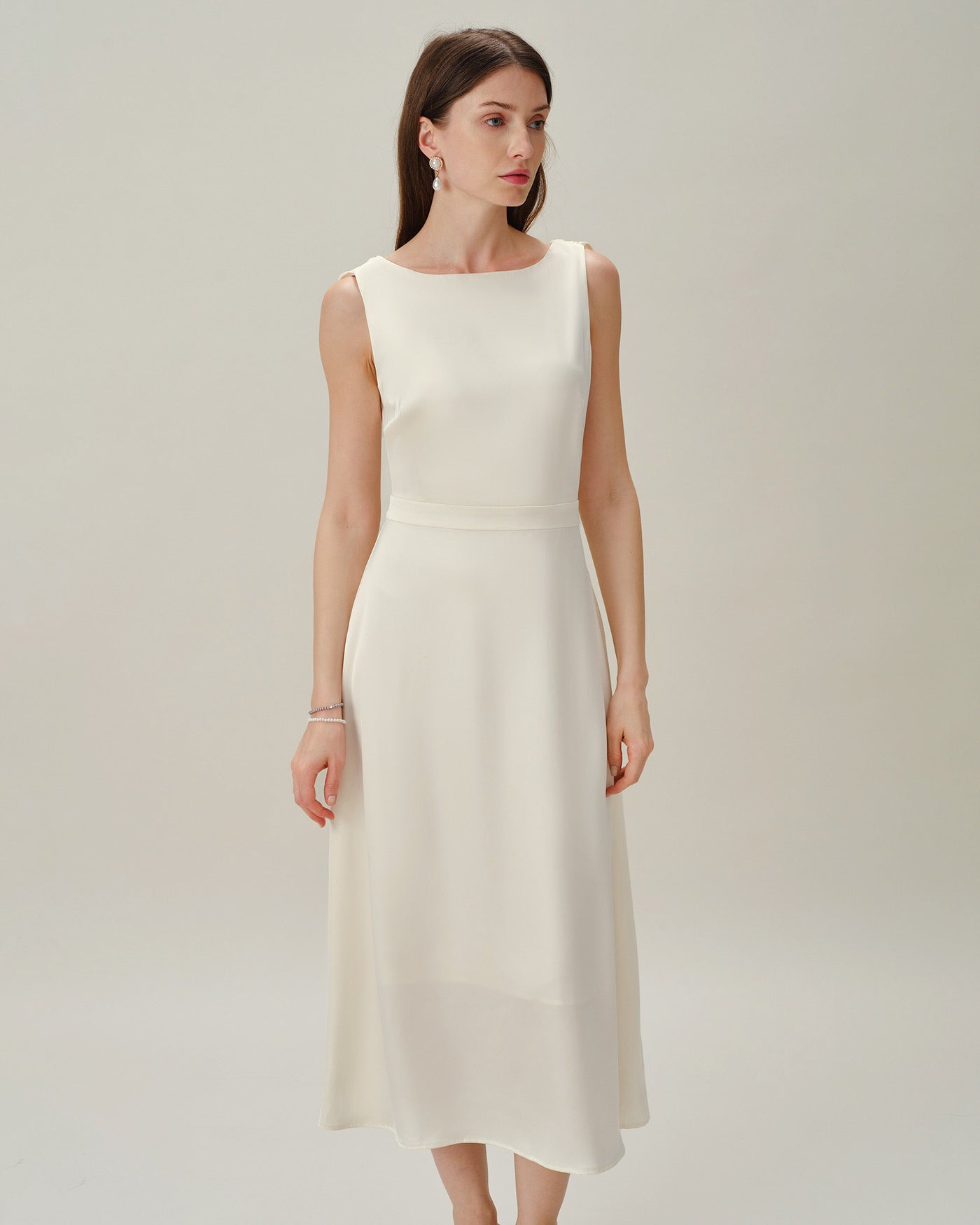 Apricot Boat Neck Pearl Satin Midi Dress