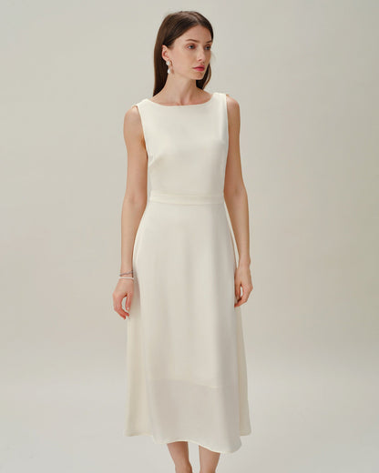 Apricot Boat Neck Pearl Satin Midi Dress