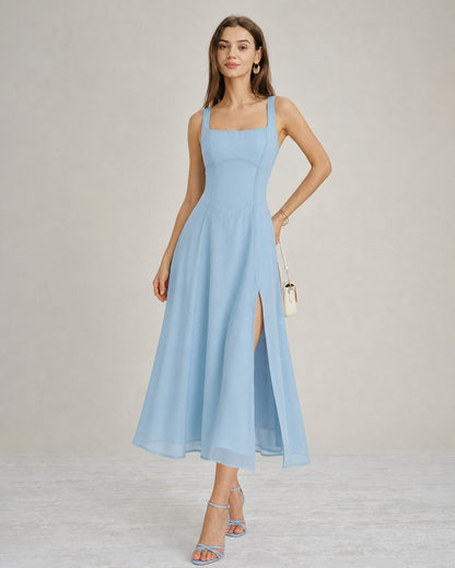 Women's Woven Polyester Midi Dresses Blue Dresses - RIHOAS