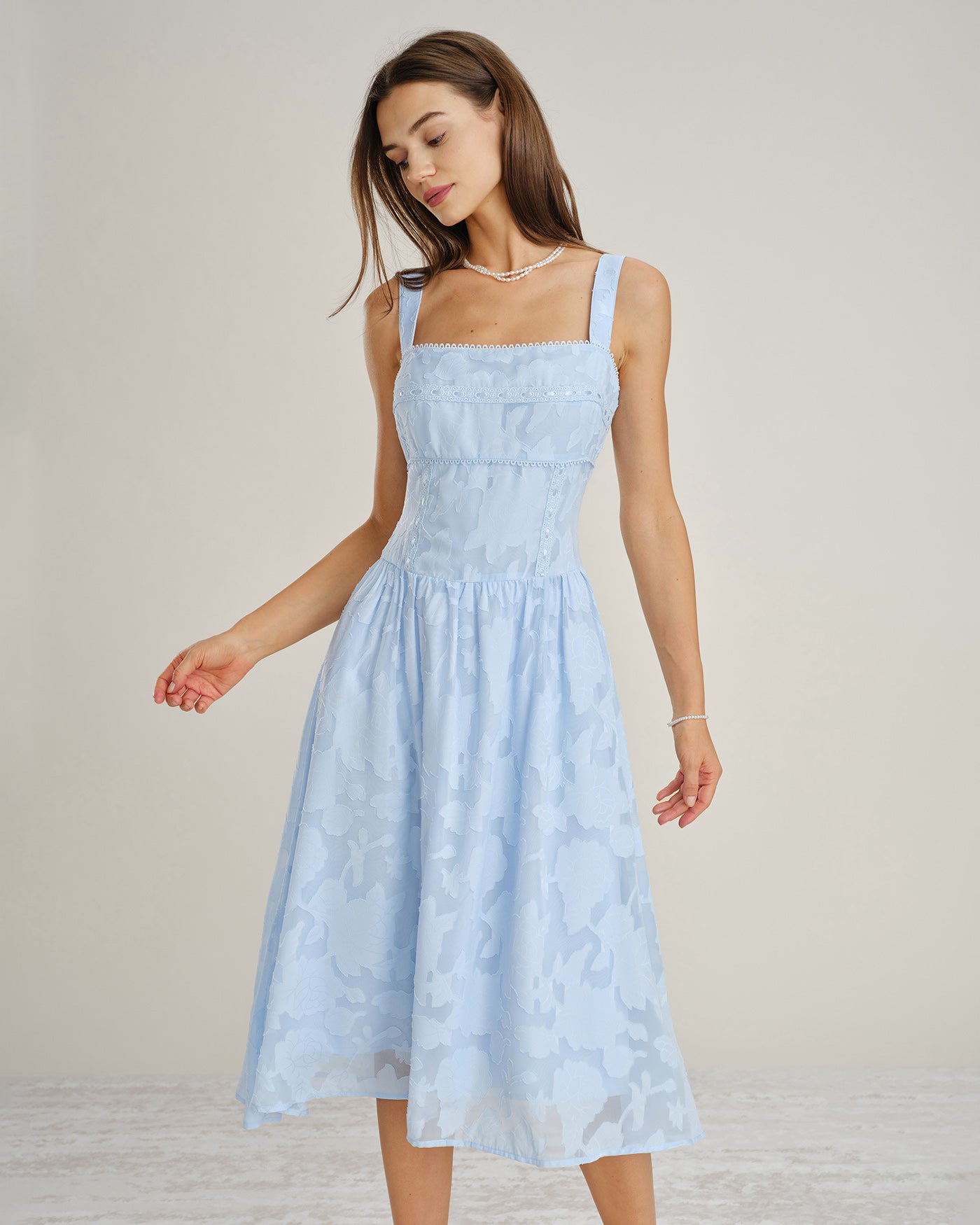 Blue Square Neck Lace Jacquard Midi Dress